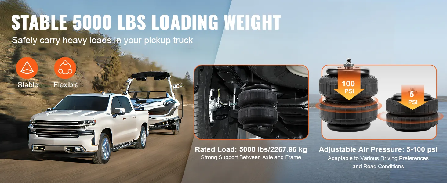 VEVOR air bag suspension kit supports 5000 lbs, boosts truck stability with 5-100 psi adjustable pressure.