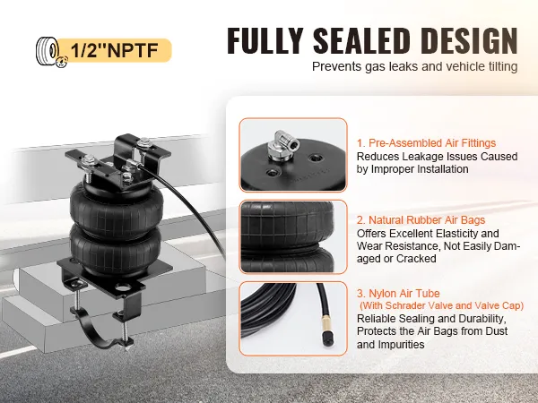 VEVOR air bag suspension kit with 1/2"nptf fittings, natural rubber air bags, and nylon air tube.