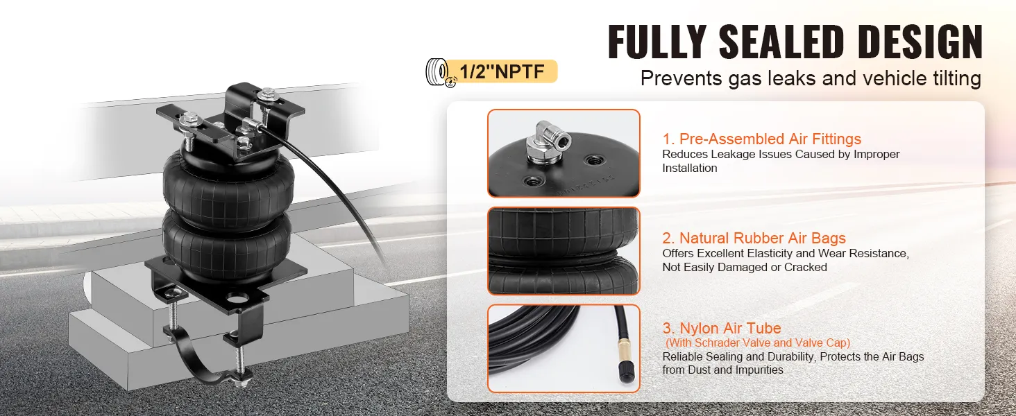 VEVOR air bag suspension kit with 1/2"nptf fittings, natural rubber air bags, and nylon air tube.