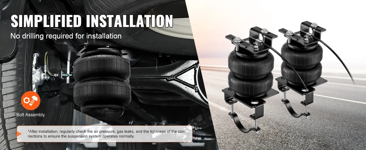 VEVOR air bag suspension kit - simplified installation with no drilling required, bolt assembly shown.