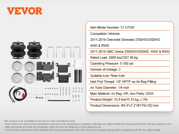 VEVOR airbag suspension kit for chevy silverado and gmc sierra 2011-2019, with all installation parts.