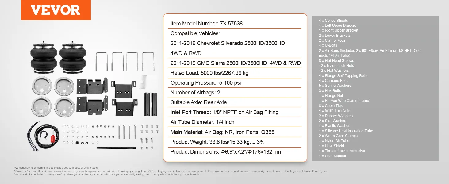 VEVOR airbag suspension kit for chevy silverado and gmc sierra 2011-2019, with all installation parts.