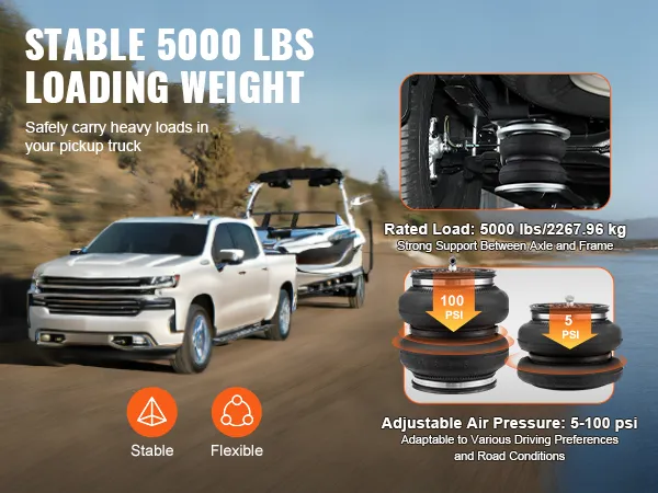 VEVOR airbag suspension kit for pickups, supporting 5000 lbs with adjustable air pressure from 5-100 psi.