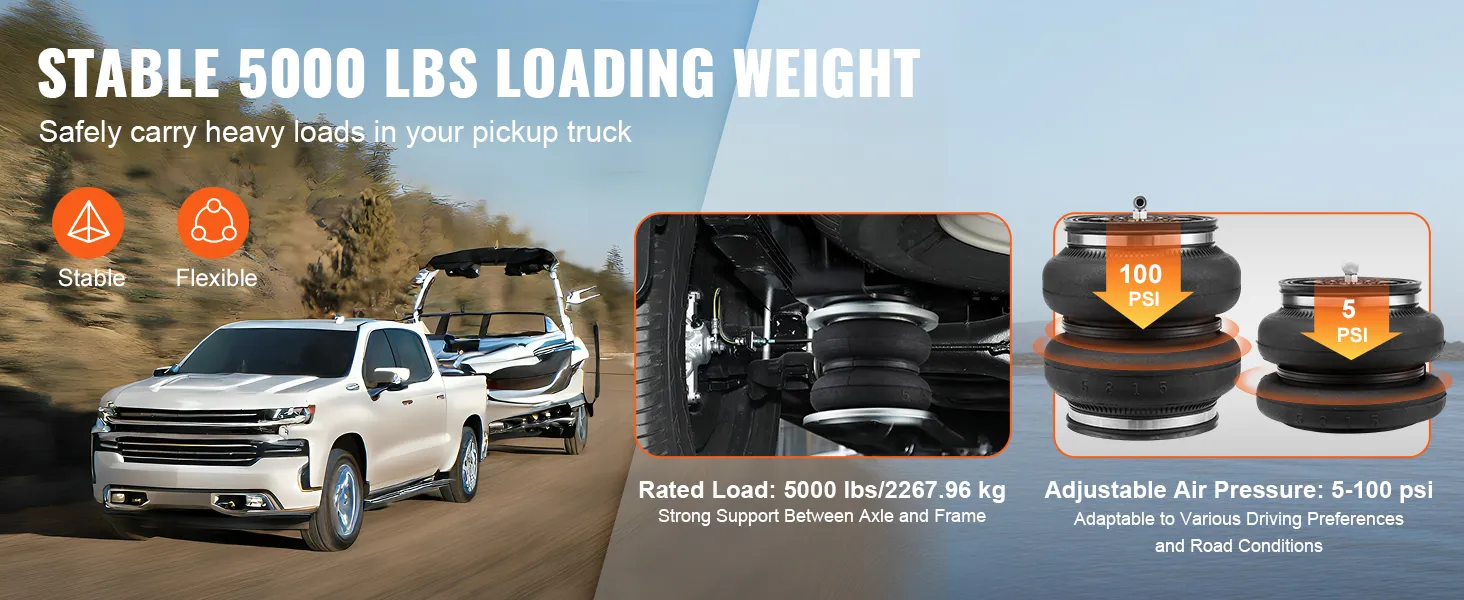 VEVOR airbag suspension kit for pickups, supporting 5000 lbs with adjustable air pressure from 5-100 psi.