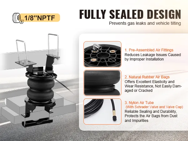 VEVOR airbag suspension kit with pre-assembled air fittings, natural rubber air bags, and nylon air tube.