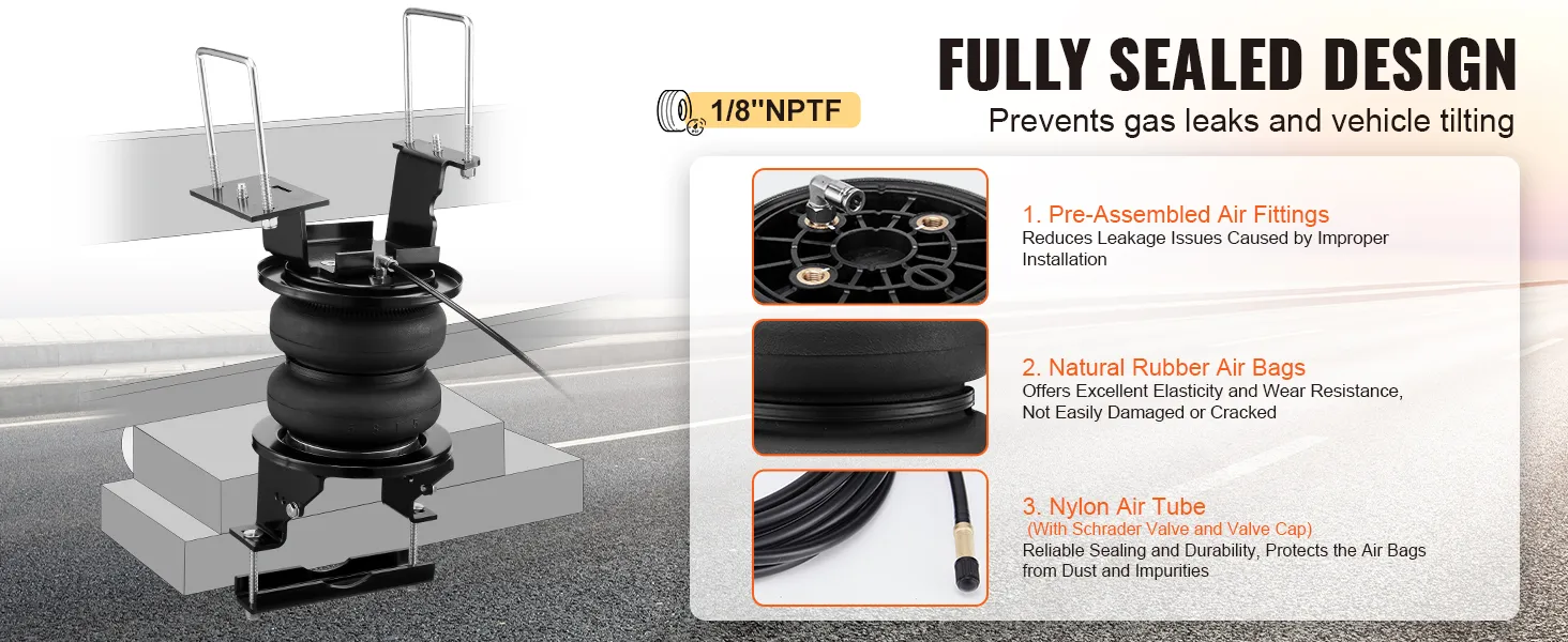 VEVOR airbag suspension kit with pre-assembled air fittings, natural rubber air bags, and nylon air tube.