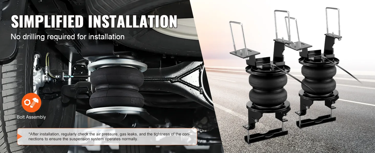 VEVOR airbag suspension kit with simplified bolt assembly and no drilling installation on a vehicle.