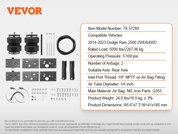 VEVOR air bag suspension kit with air tubes, brackets, bolts, and washers for dodge ram 2500.