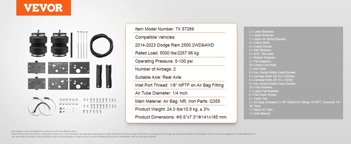 VEVOR air bag suspension kit with air tubes, brackets, bolts, and washers for dodge ram 2500.