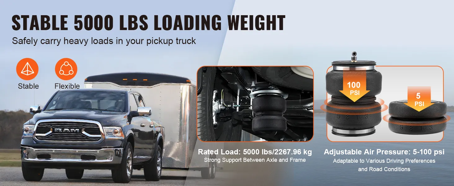 VEVOR air bag suspension kit for pickup trucks with 5000 lbs loading weight, adjustable air pressure.