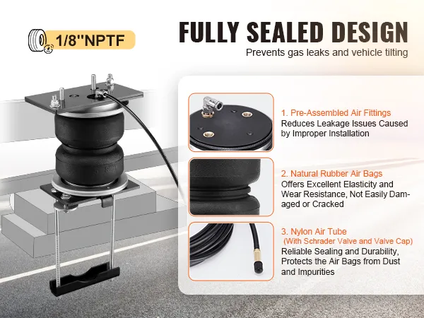 VEVOR air bag suspension kit with pre-assembled air fittings, natural rubber air bags, nylon air tube.