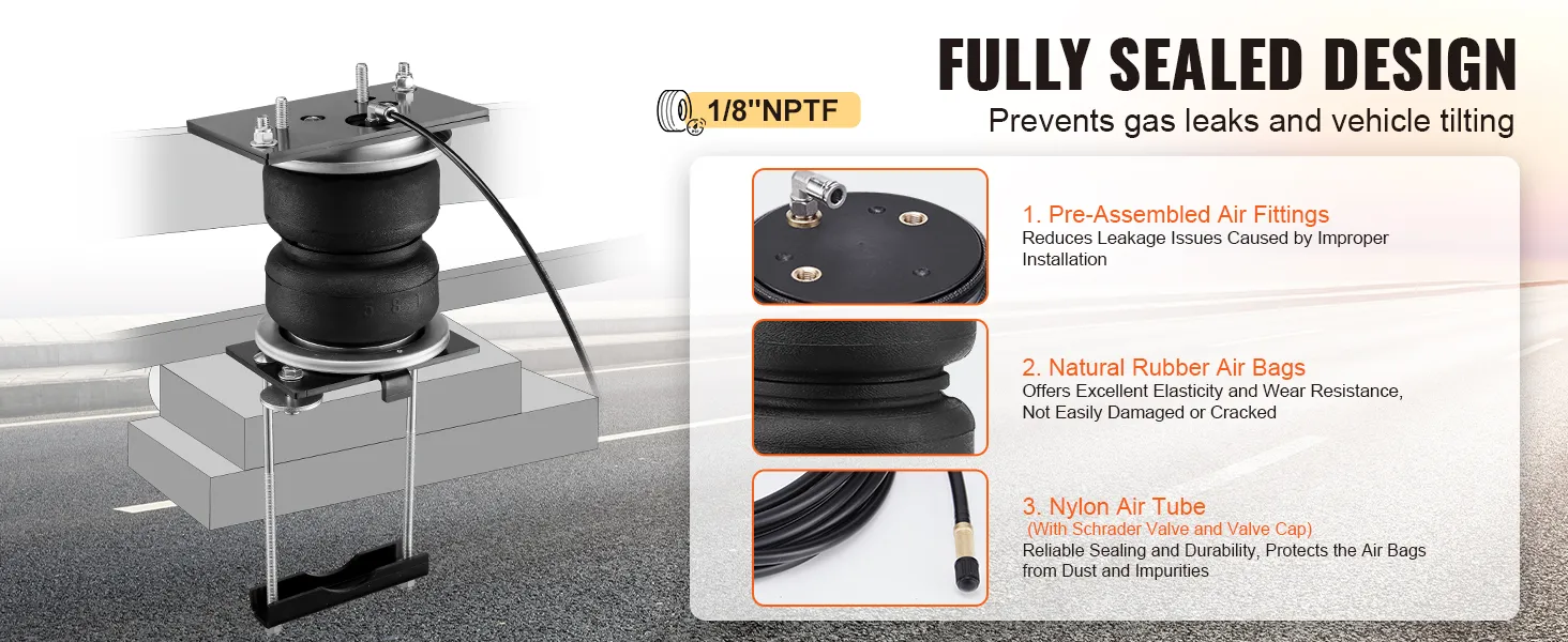 VEVOR air bag suspension kit with pre-assembled air fittings, natural rubber air bags, nylon air tube.