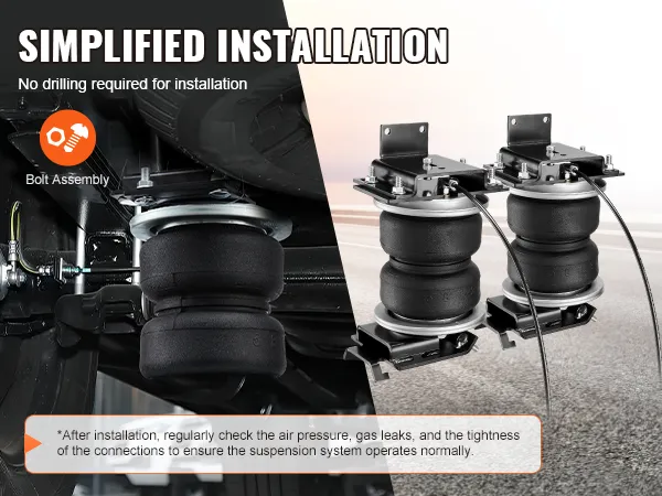 VEVOR air bag suspension kit installed under vehicle, showcasing simplified bolt assembly with no drilling.