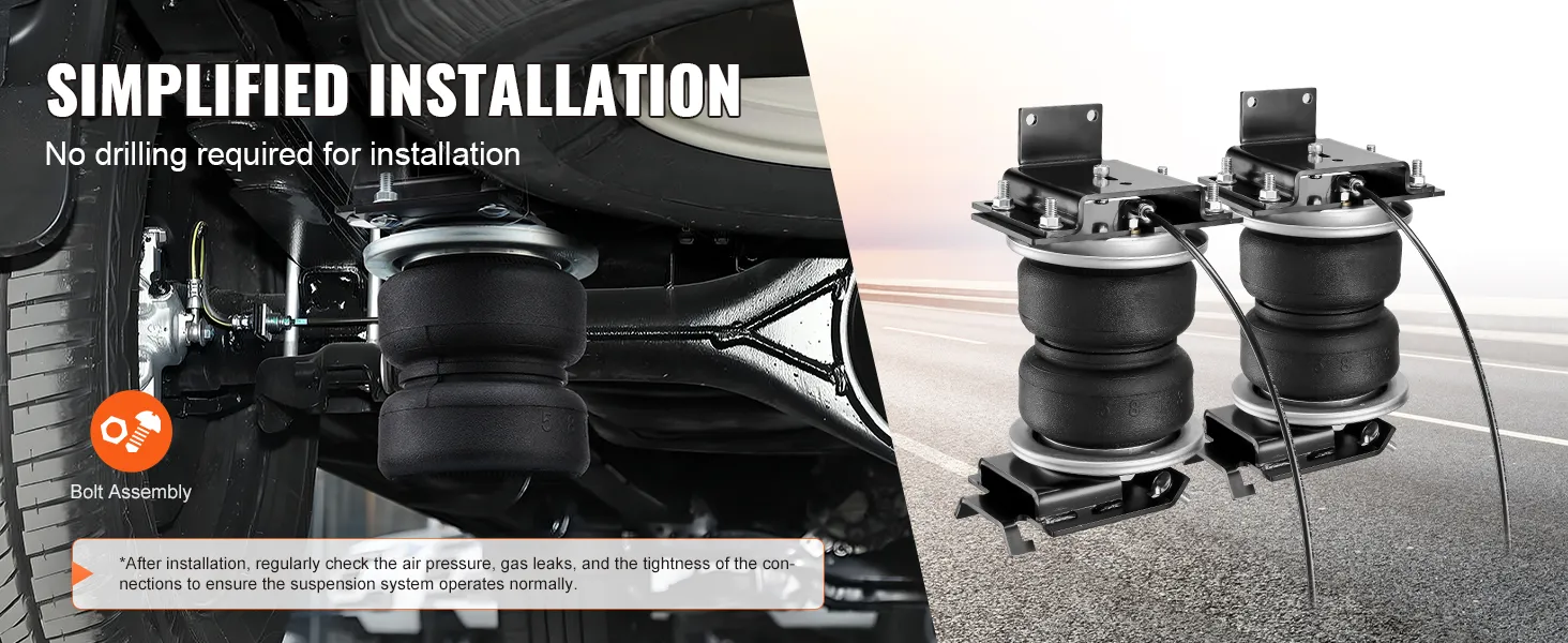 VEVOR air bag suspension kit installed under vehicle, showcasing simplified bolt assembly with no drilling.