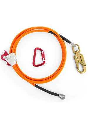 orange VEVOR climbing lanyard with red and gold metal hooks and carabiner.
