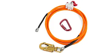 orange VEVOR climbing lanyard with gold and red carabiners on white background.
