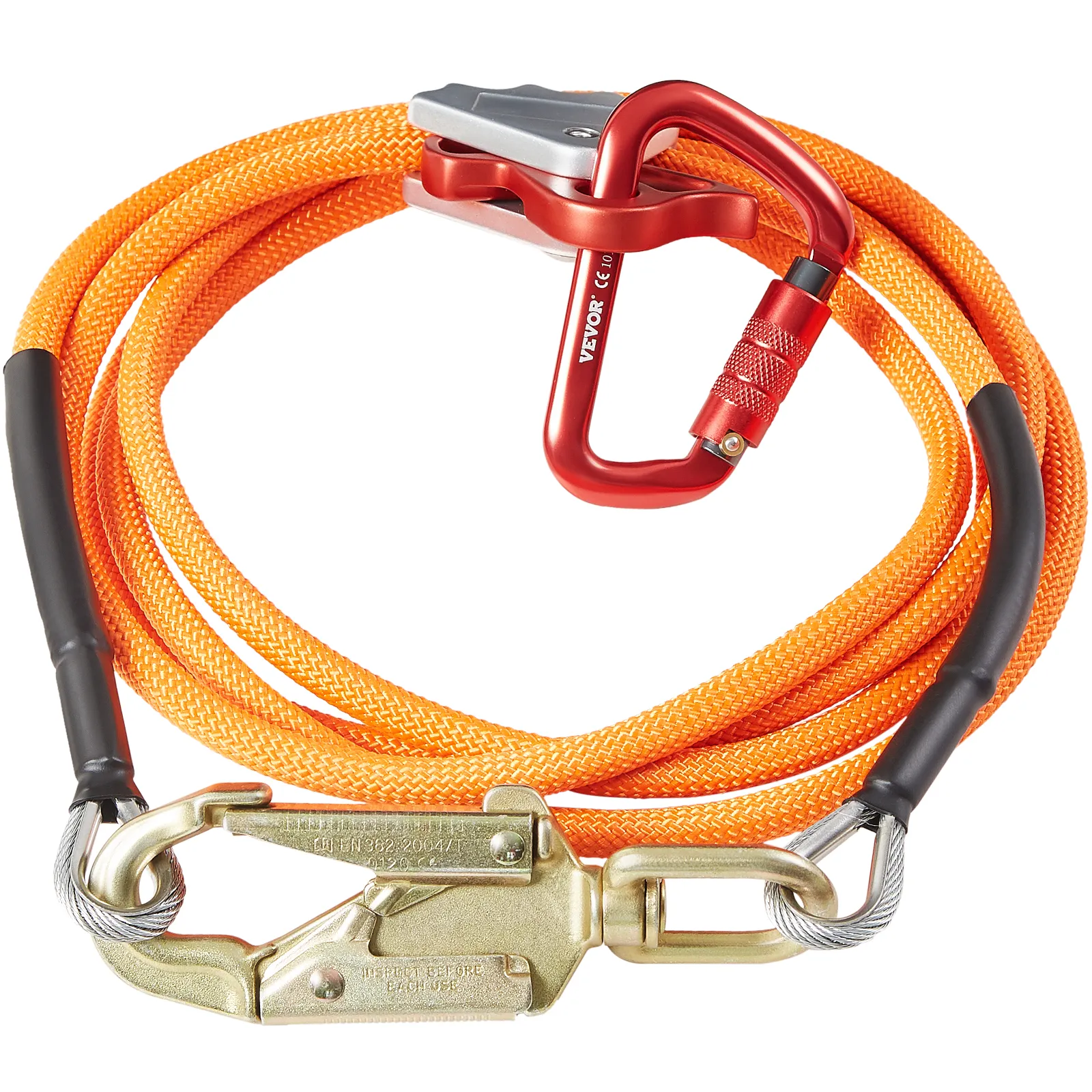 orange VEVOR climbing lanyard with a red carabiner and gold safety hook.