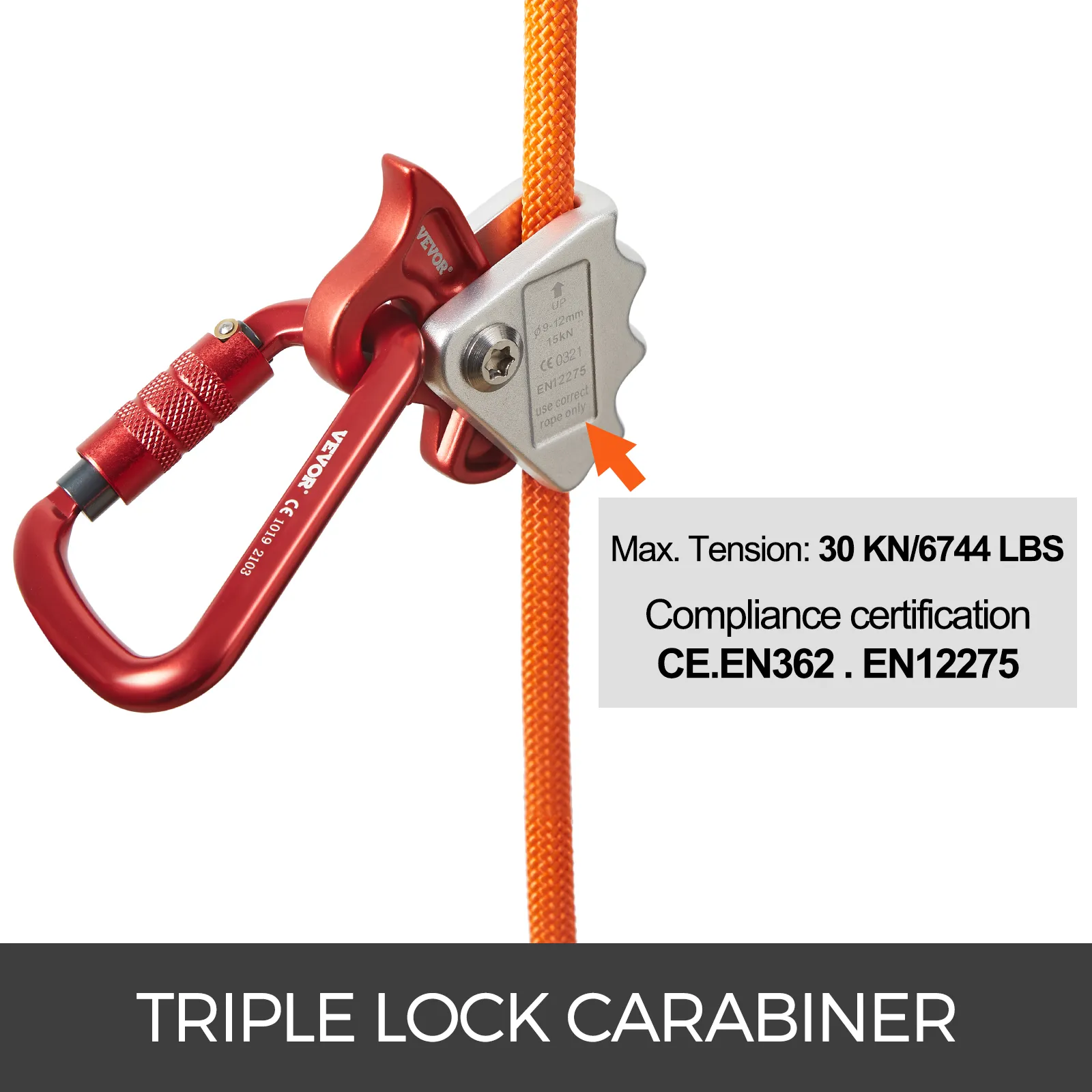 VEVOR climbing lanyard with triple lock carabiner, max tension 30 kn/6744 lbs.