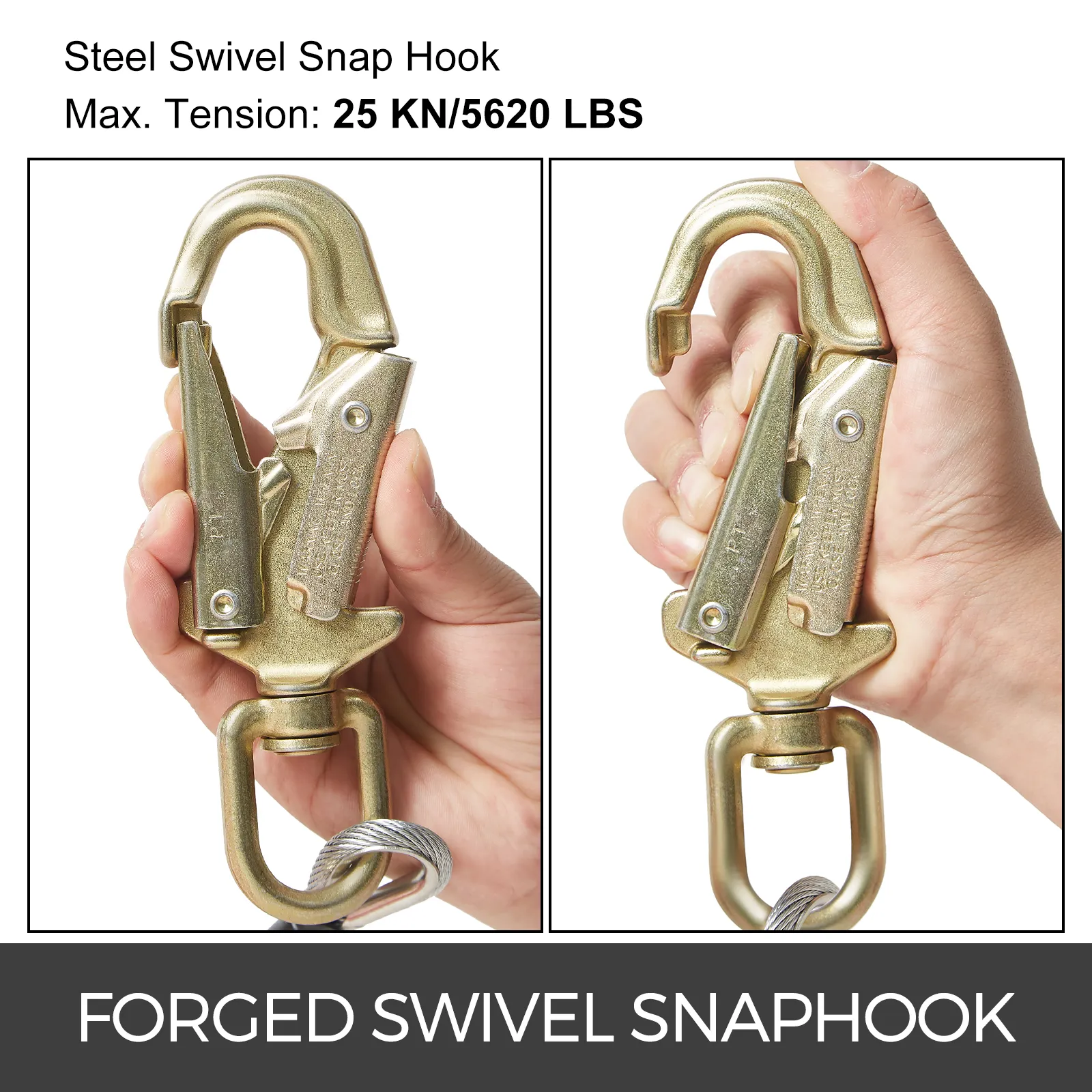 VEVOR climbing lanyard steel swivel snaphook with 25 kn max tension rating.