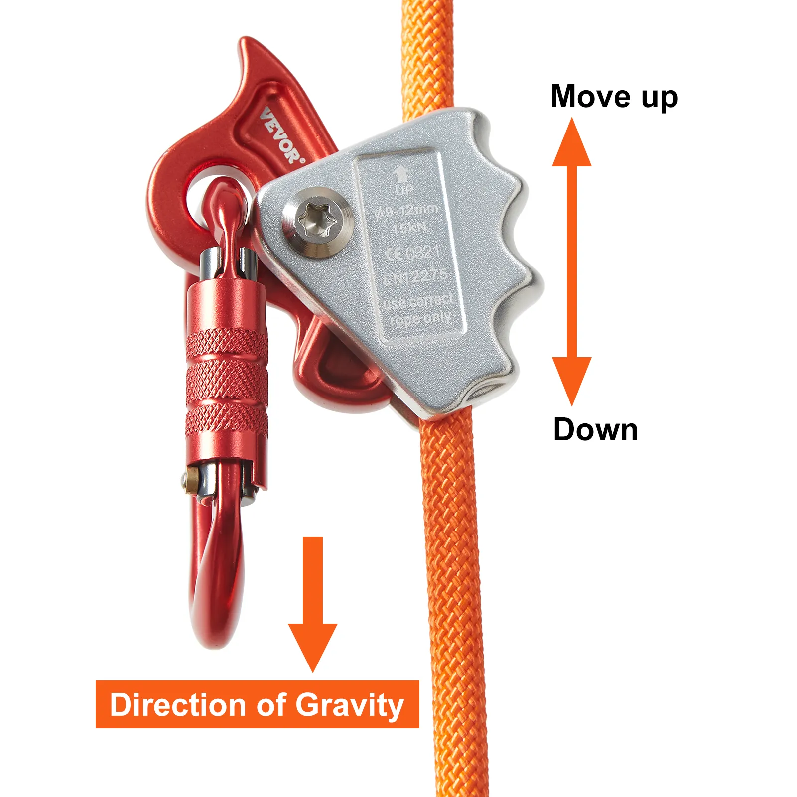 VEVOR climbing lanyard with orange rope and red carabiner, indicating movement directions.
