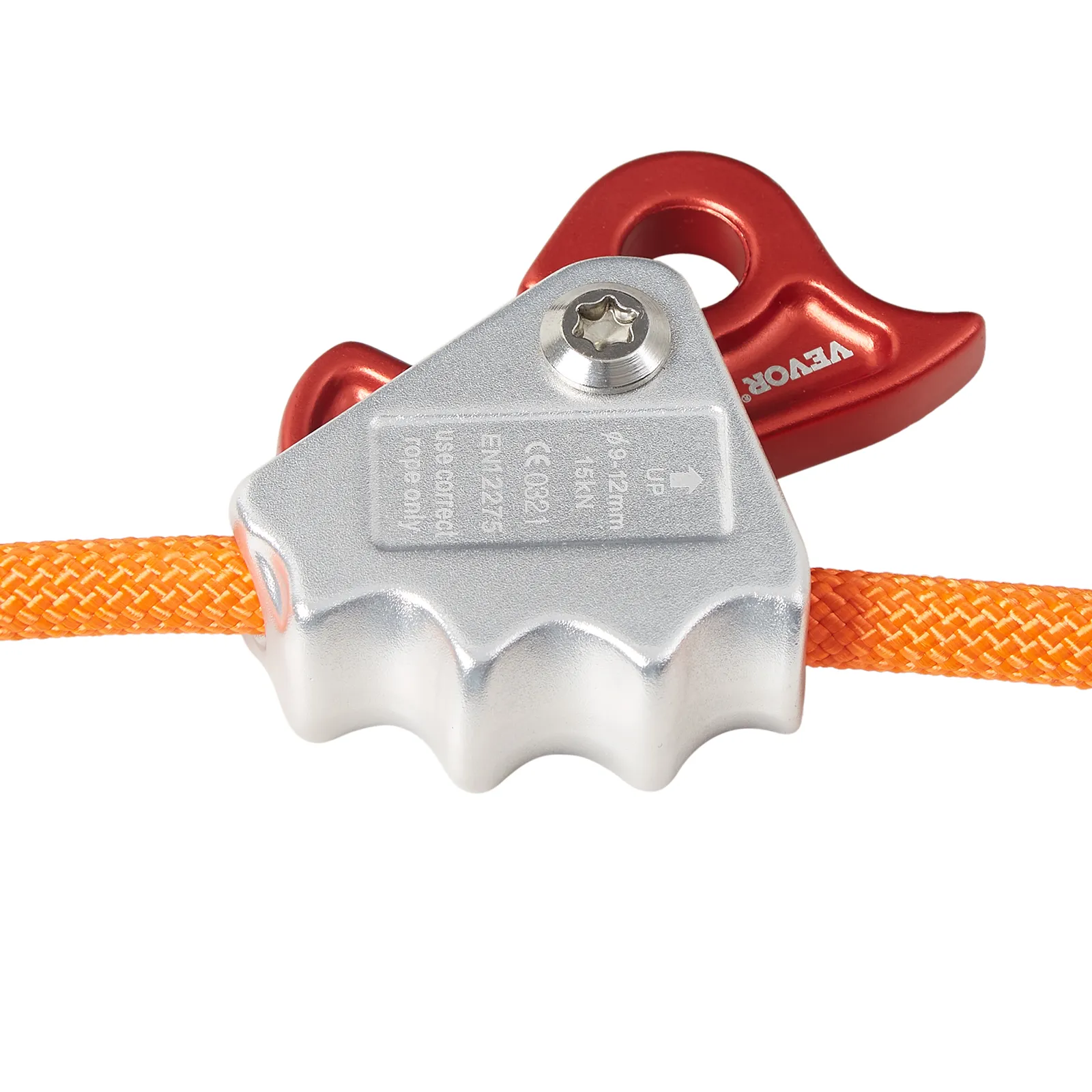 VEVOR climbing lanyard with orange rope and red metallic climbing device.