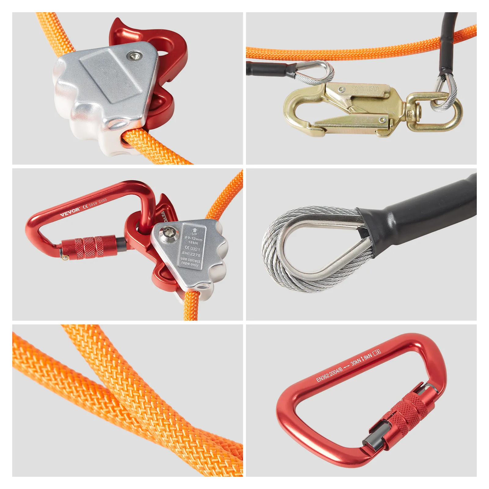 VEVOR climbing lanyard with orange rope, carabiners, and secure hardware components.