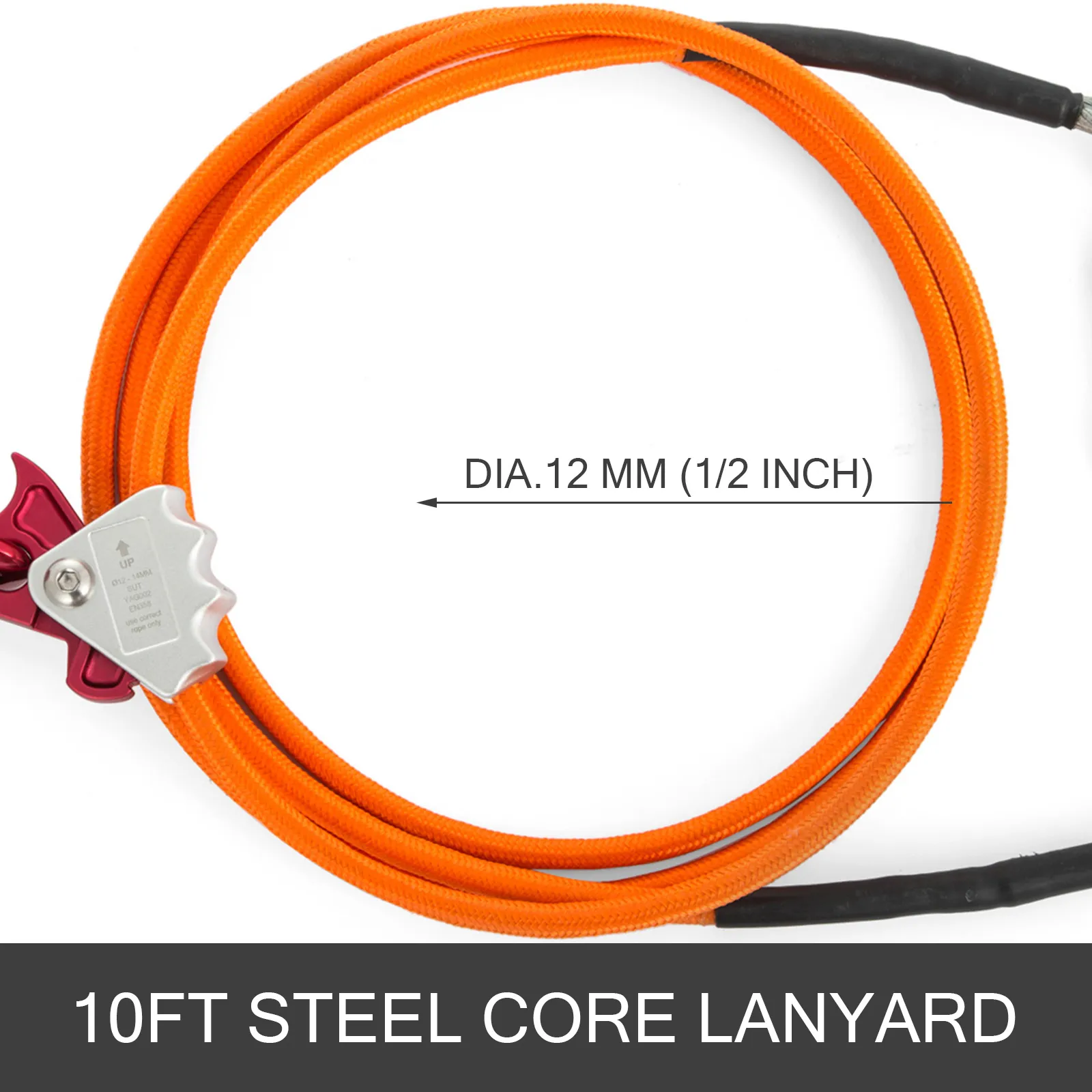 10ft VEVOR steel core lanyard kit, 12mm (1/2 inch) diameter, bright orange.