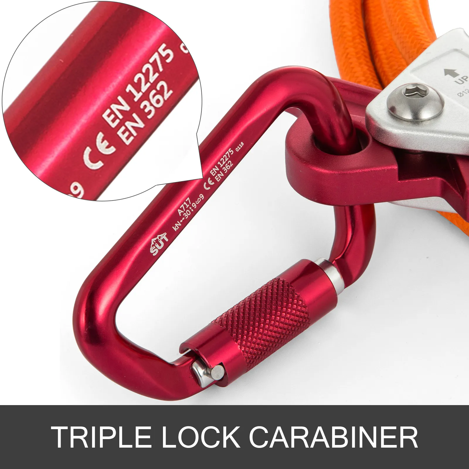 red carabiner with en 12275, en 362 markings from VEVOR steel core lanyard kit.