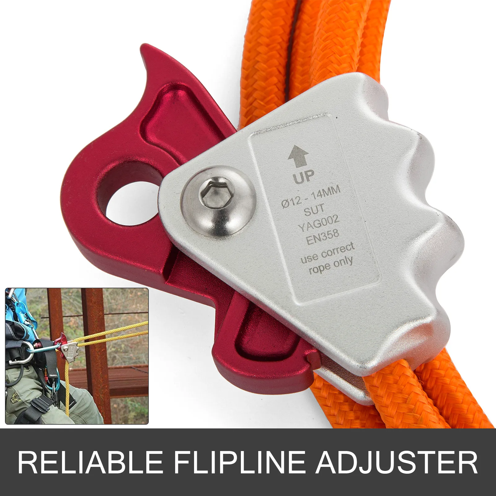 Roter und silberner Flipline-Einsteller mit orangefarbenem Seil, nach oben beschriftet, für VEVOR-Verbindungsmittel mit Stahlkern.