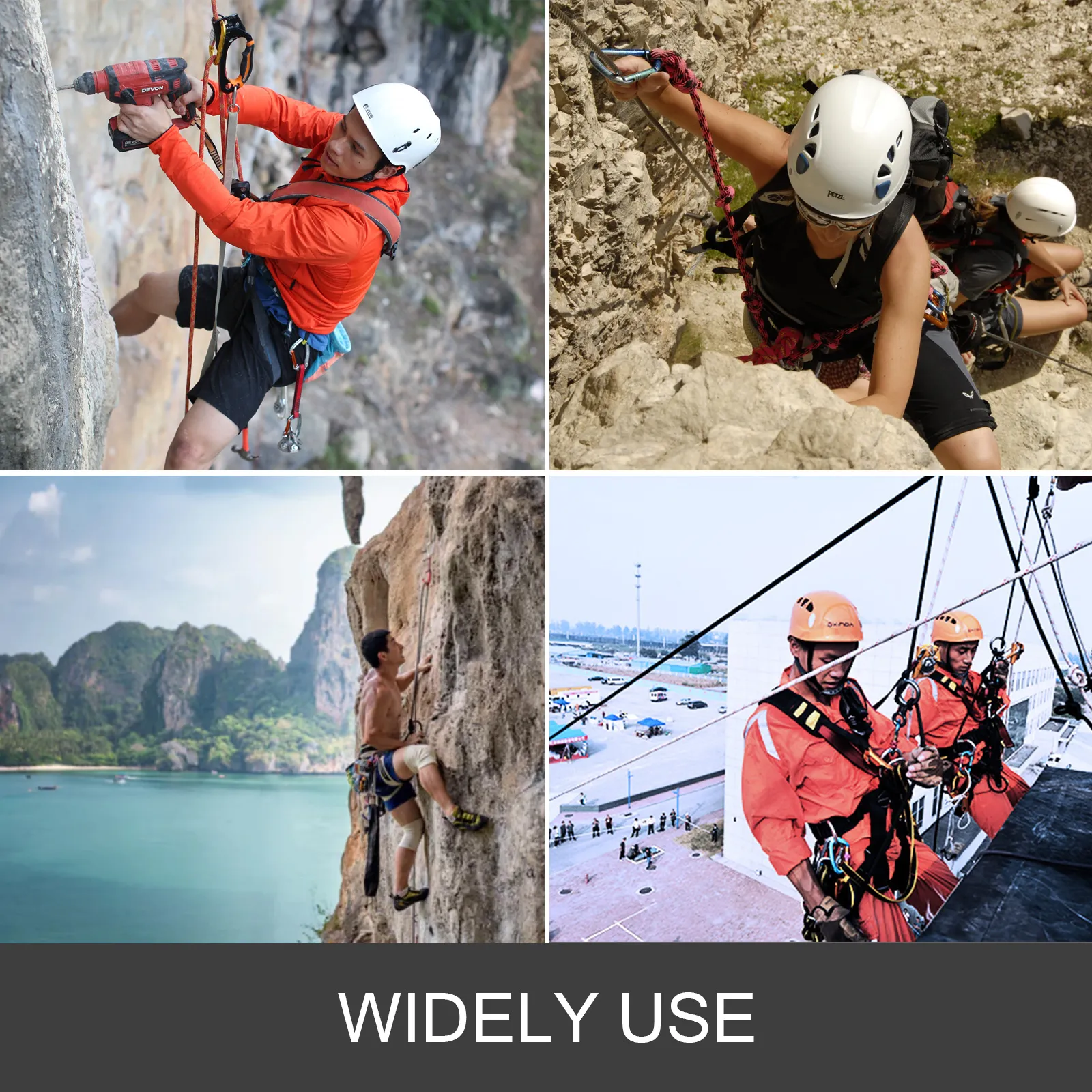 Kletterer und Arbeiter verwenden das VEVOR-Verbindungsmittel mit Stahlkern zur Sicherheit und demonstrieren so seine Vielseitigkeit.