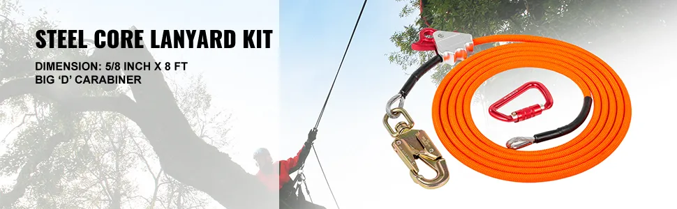 VEVOR flip line steel core lanyard kit with carabiner, 5/8 inch x 8 ft.