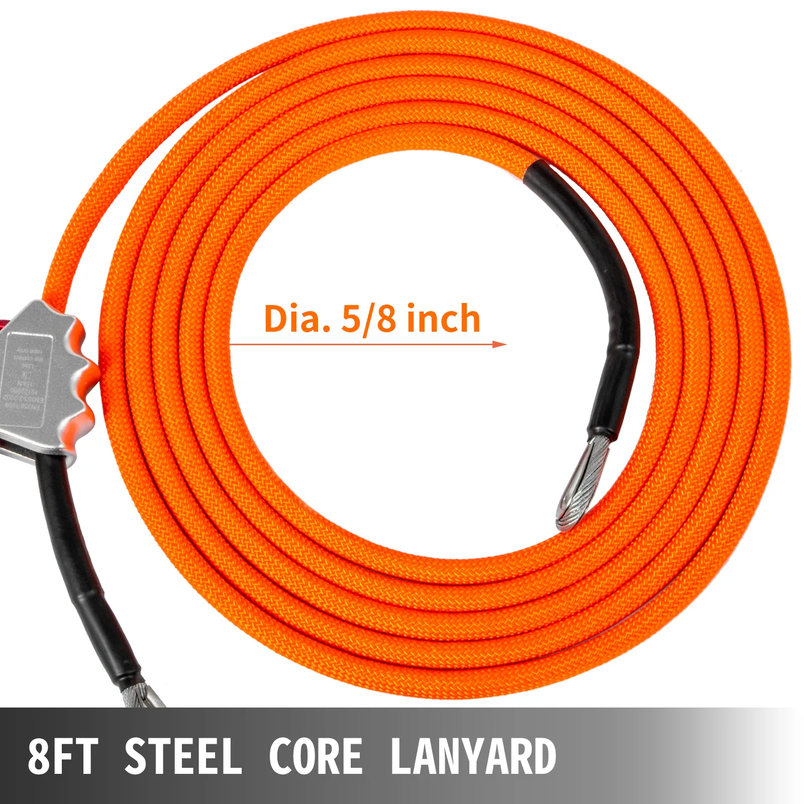 VEVOR flip line, 8ft steel core lanyard, orange, 5/8 inch diameter.