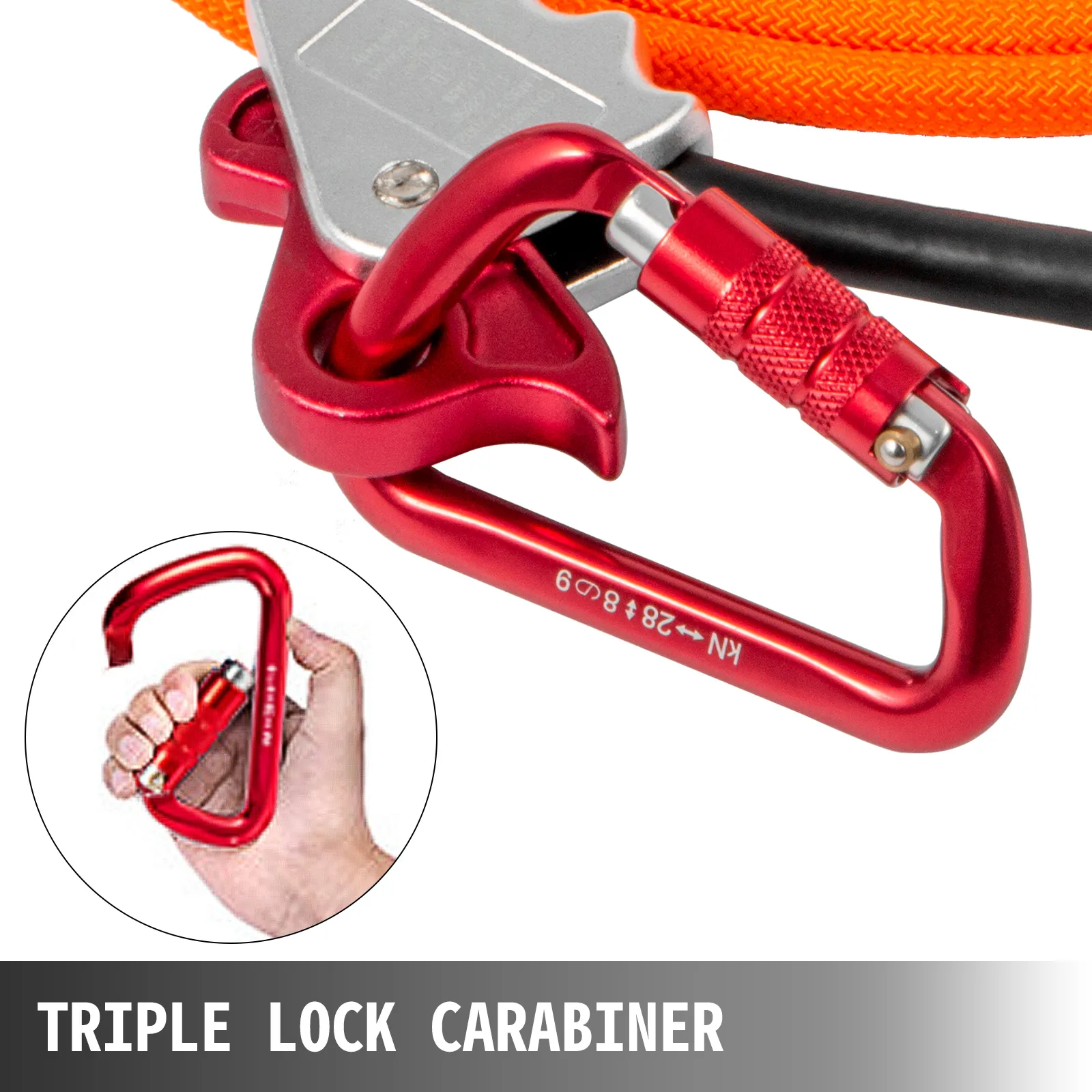 red triple lock carabiner attached to orange rope, VEVOR flip line compatible.