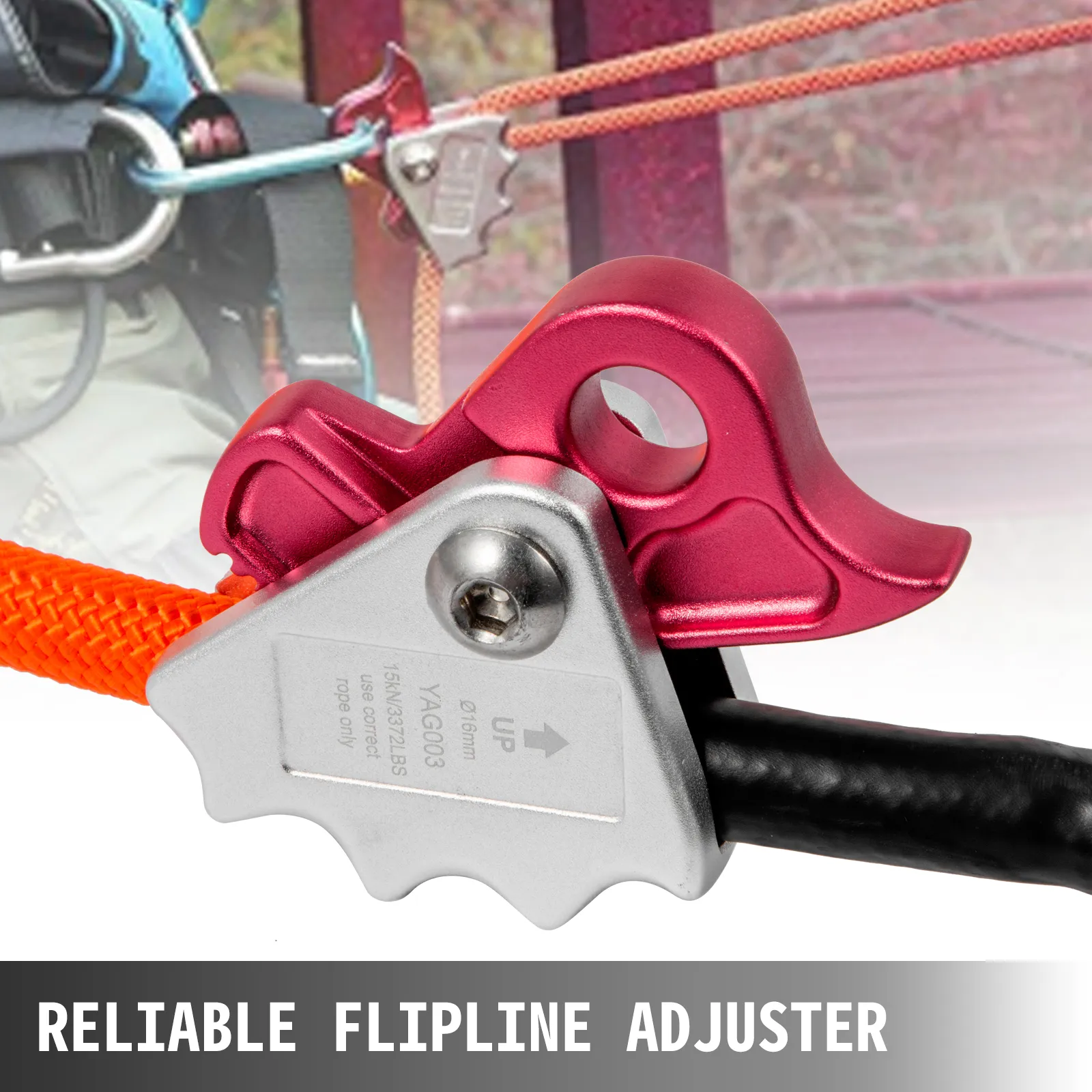 VEVOR flip line adjuster on bright orange rope, showcasing a secure locking mechanism.