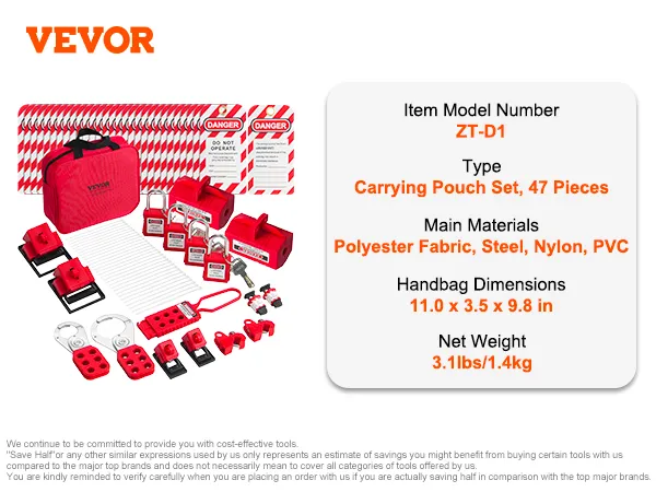 VEVOR lockout tagout kit, 47 pieces, red carrying pouch, padlocks, danger tags, handle locks.