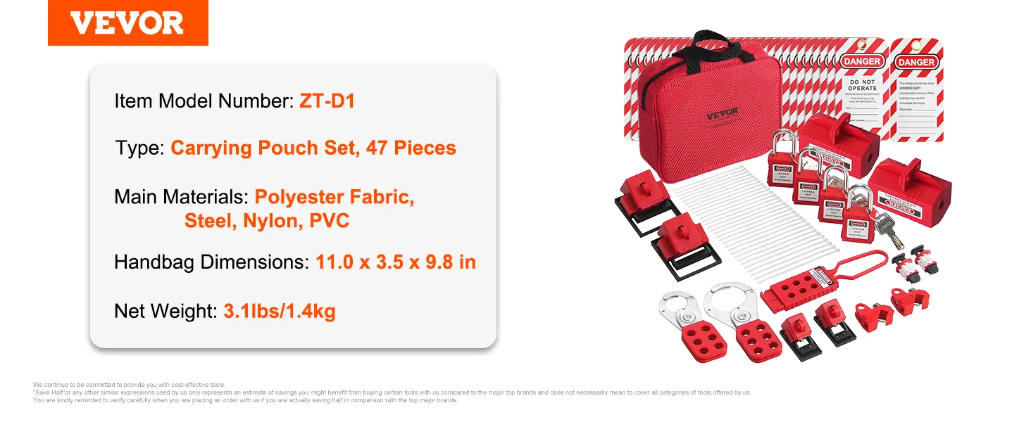 VEVOR lockout tagout kit, 47 pieces, red carrying pouch, padlocks, danger tags, handle locks.