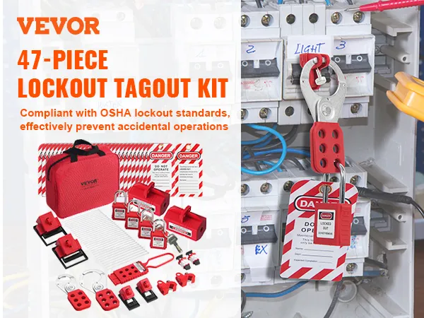 VEVOR lockout tagout kit with 47 pieces, featuring osha-compliant locks and tags for electrical safety.
