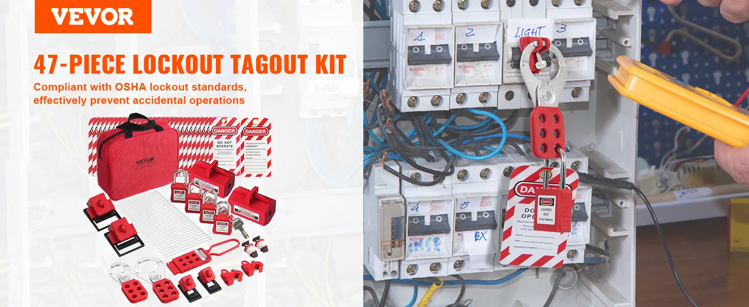 VEVOR lockout tagout kit with 47 pieces, featuring osha-compliant locks and tags for electrical safety.