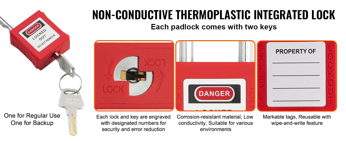 VEVOR lockout tagout kit with non-conductive thermoplastic integrated lock, two keys, markable tags.