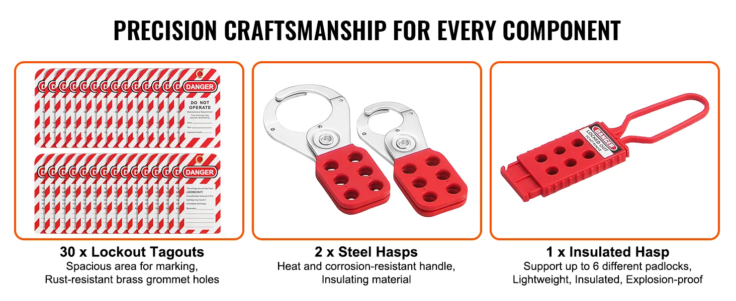 VEVOR lockout tagout kit showcasing 30 lockout tagouts, 2 steel hasps, and 1 insulated hasp.