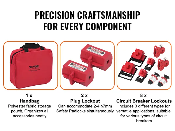 red VEVOR lockout tagout kit with a handbag, plug lockouts, and circuit breaker lockouts.
