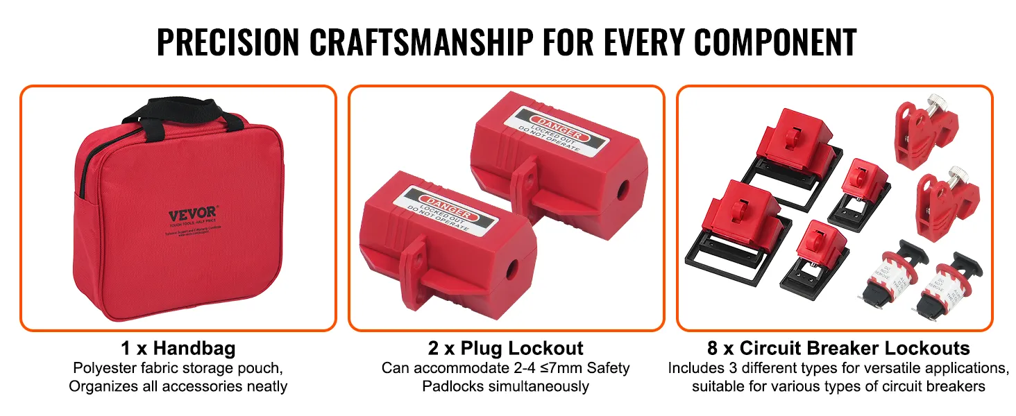 red VEVOR lockout tagout kit with a handbag, plug lockouts, and circuit breaker lockouts.