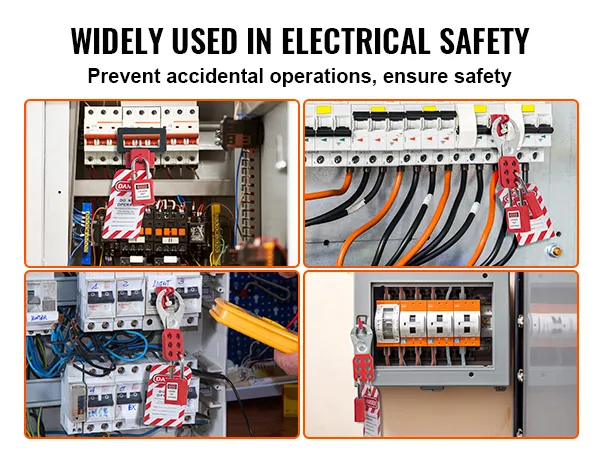 VEVOR lockout tagout kit in use on electrical panels ensuring safety and preventing accidental operations.