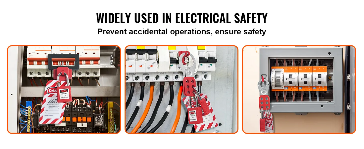 VEVOR lockout tagout kit in use on electrical panels ensuring safety and preventing accidental operations.