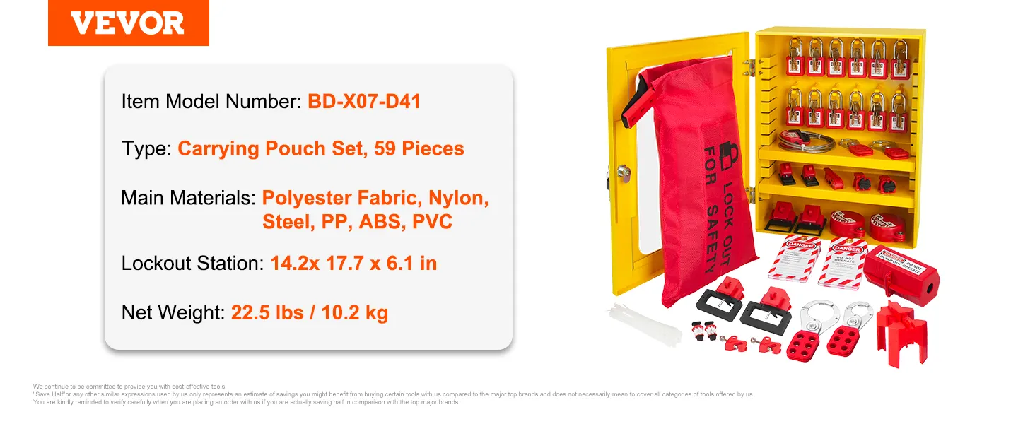 VEVOR lockout tagout kit with 59 pieces, red carrying pouch, key lock station, and safety tags.