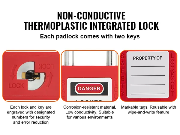 non-conductive red lock with "danger locked out" label, 2 keys, and reusable markable tags. VEVOR lockout tagout kit.