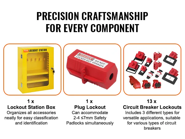 VEVOR lockout tagout kit with lockout station box, plug lockout, and circuit breaker lockouts.