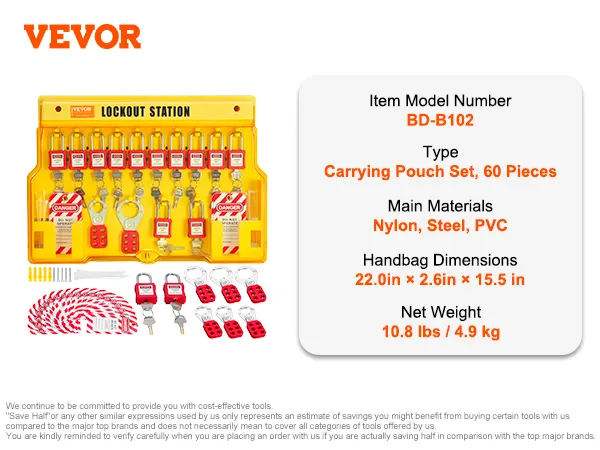 VEVOR lockout tagout kit bd-b102, carrying pouch set with yellow station and 60 pieces, 10.8 lbs.