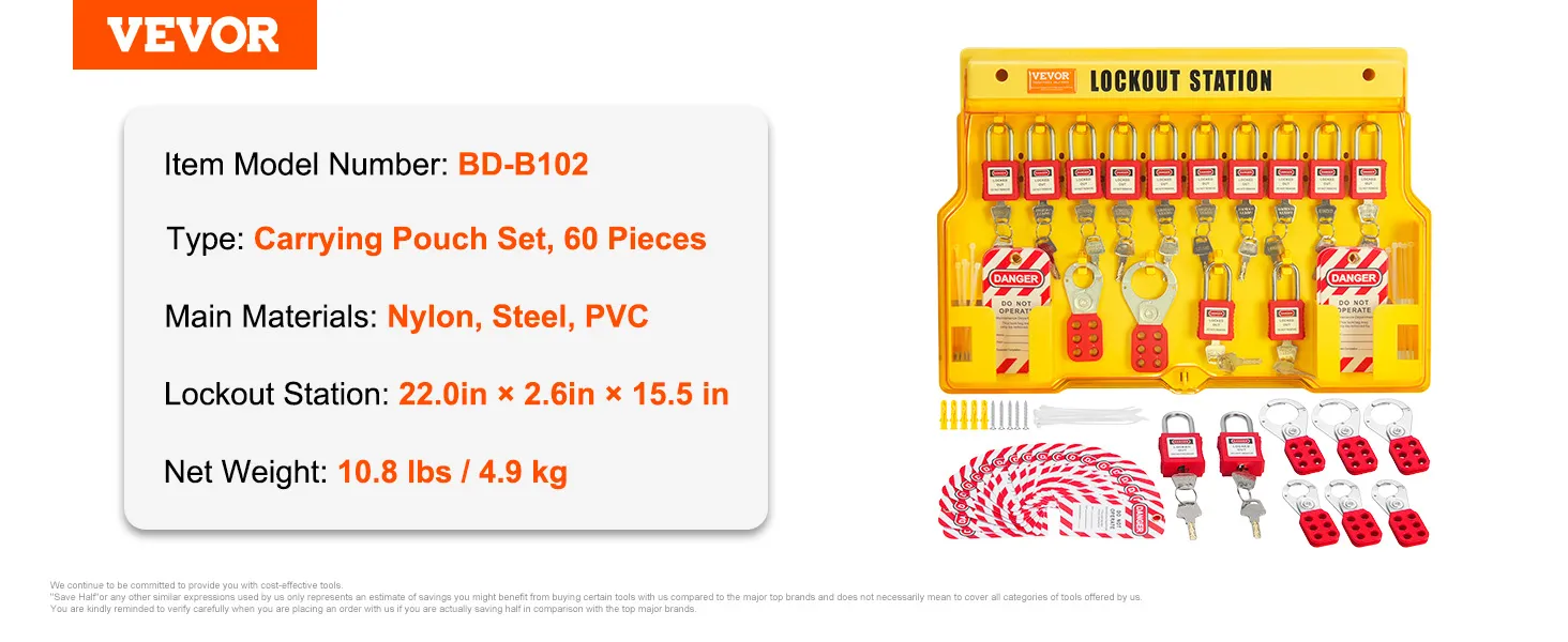 VEVOR lockout tagout kit bd-b102, carrying pouch set with yellow station and 60 pieces, 10.8 lbs.