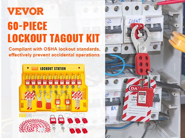 VEVOR lockout tagout kit shown with 60 pieces for osha-compliant lockout safety in electrical settings.